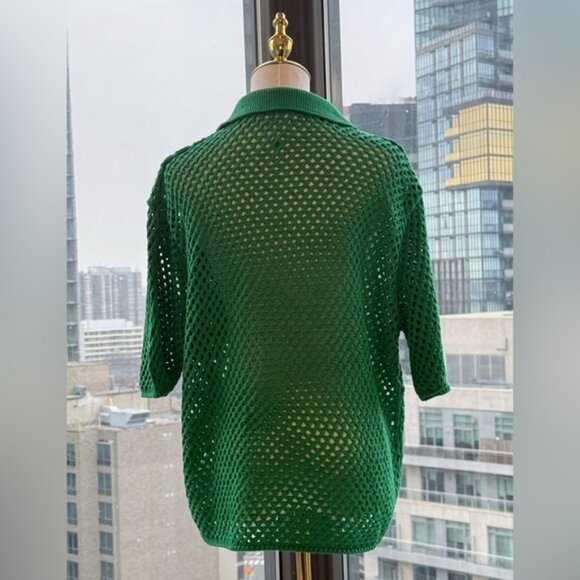 🆕 FARM Rio 🧿 NWOT Kelly Green Crochet Collared Polo, Sz L - Picture 7 of 14